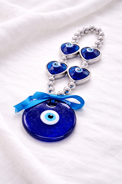 Glass Evil Eye| Large Eye & 4 Heart Charms