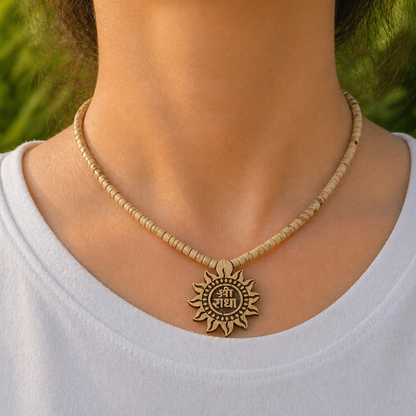 Shri Radha Handcrafted Tulsi Kanthi Mala | Wooden Sun Pendant
