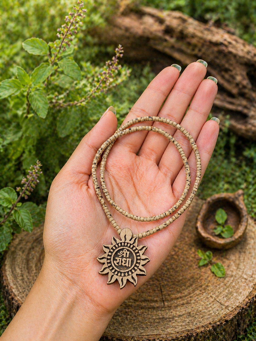 Shri Radha Handcrafted Tulsi Kanthi Mala | Wooden Sun Pendant