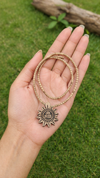 Shri Radha Handcrafted Tulsi Kanthi Mala | Wooden Sun Pendant