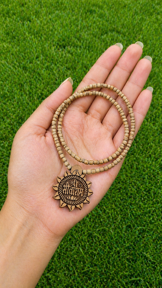 Shri Sita Ram Handcrafted Tulsi Kanthi Mala | Wooden Lotus Pendant