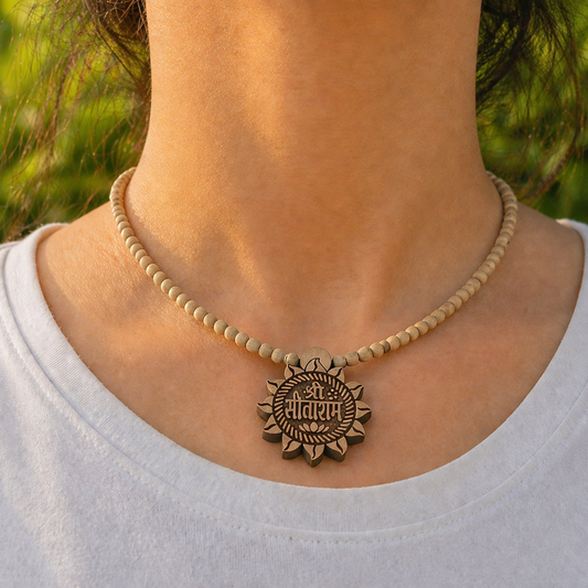 Shri Sita Ram Handcrafted Tulsi Kanthi Mala | Wooden Lotus Pendant