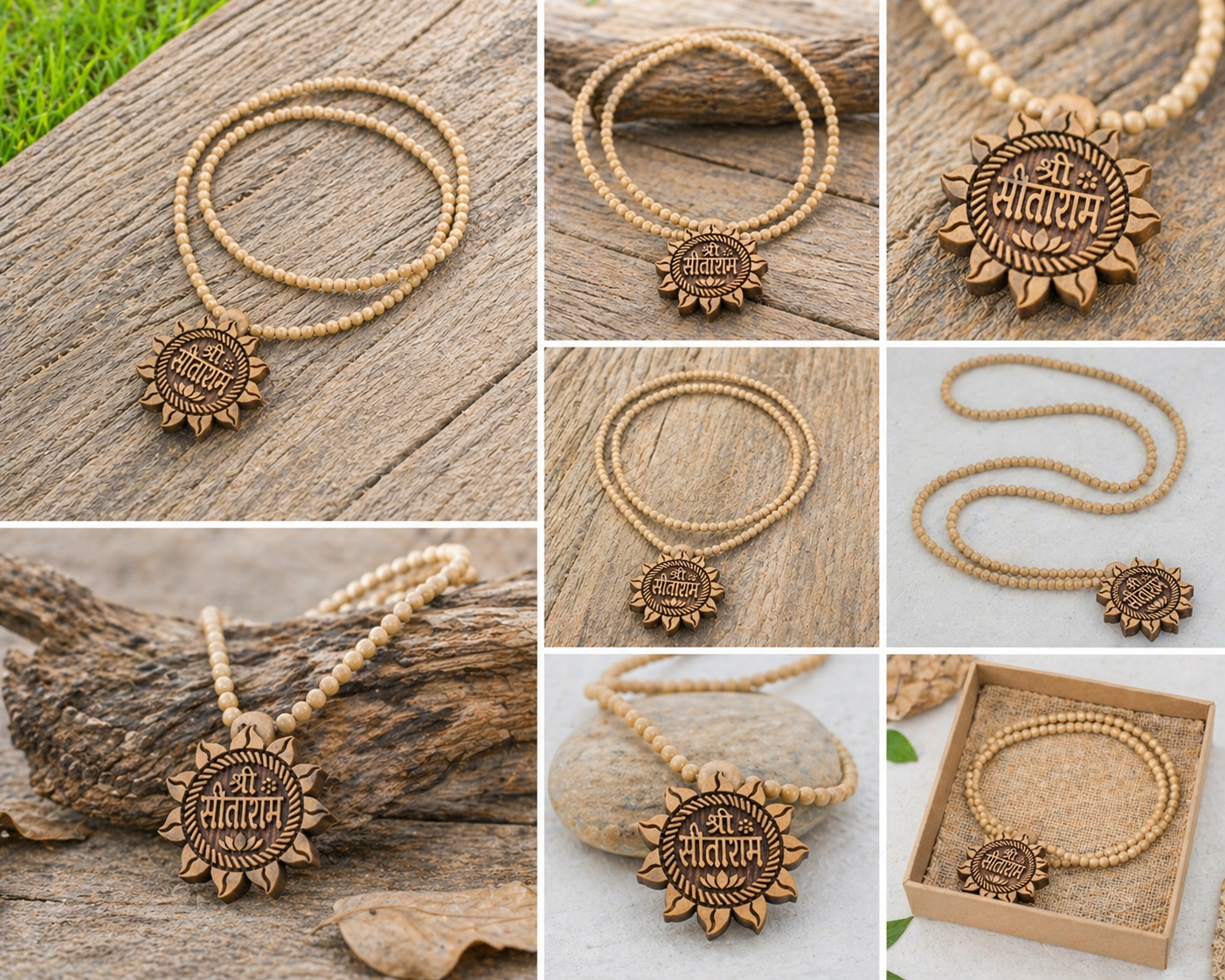 Shri Sita Ram Handcrafted Tulsi Kanthi Mala | Wooden Lotus Pendant